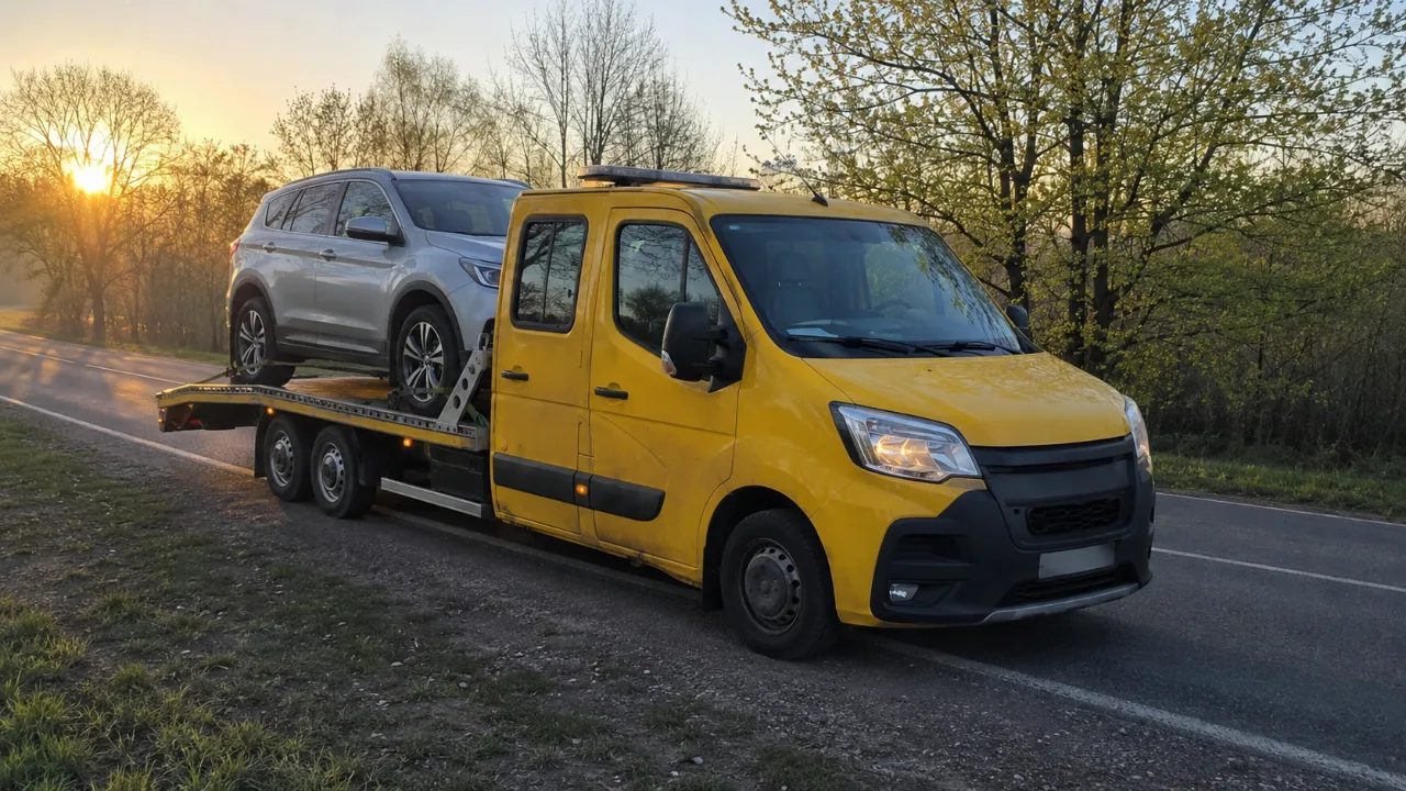 Laweta GREG-HOL z SUV-em na platformie o wschodzie słońca – Leszno